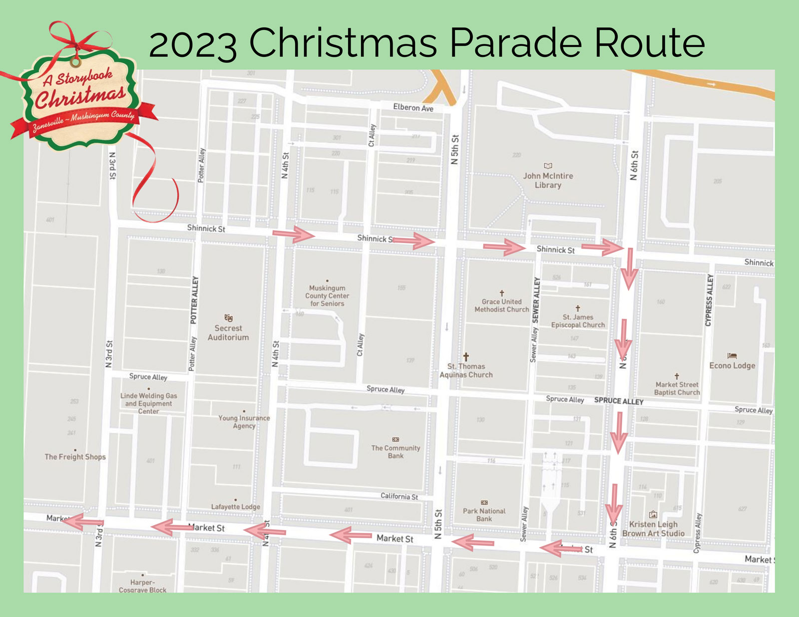 Downtown Zanesville Storybook Christmas Parade Route