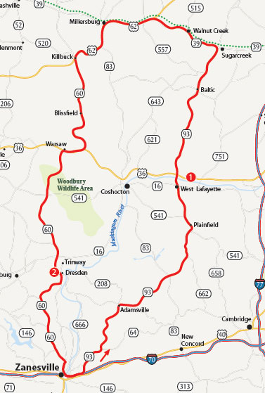 Visit Zanesville Amish Country Motorcycle Tour Map