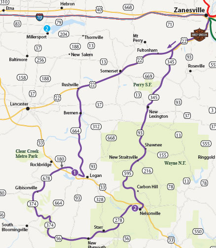 Visit Zanesville Hocking Hills Motorcycle Tour Map